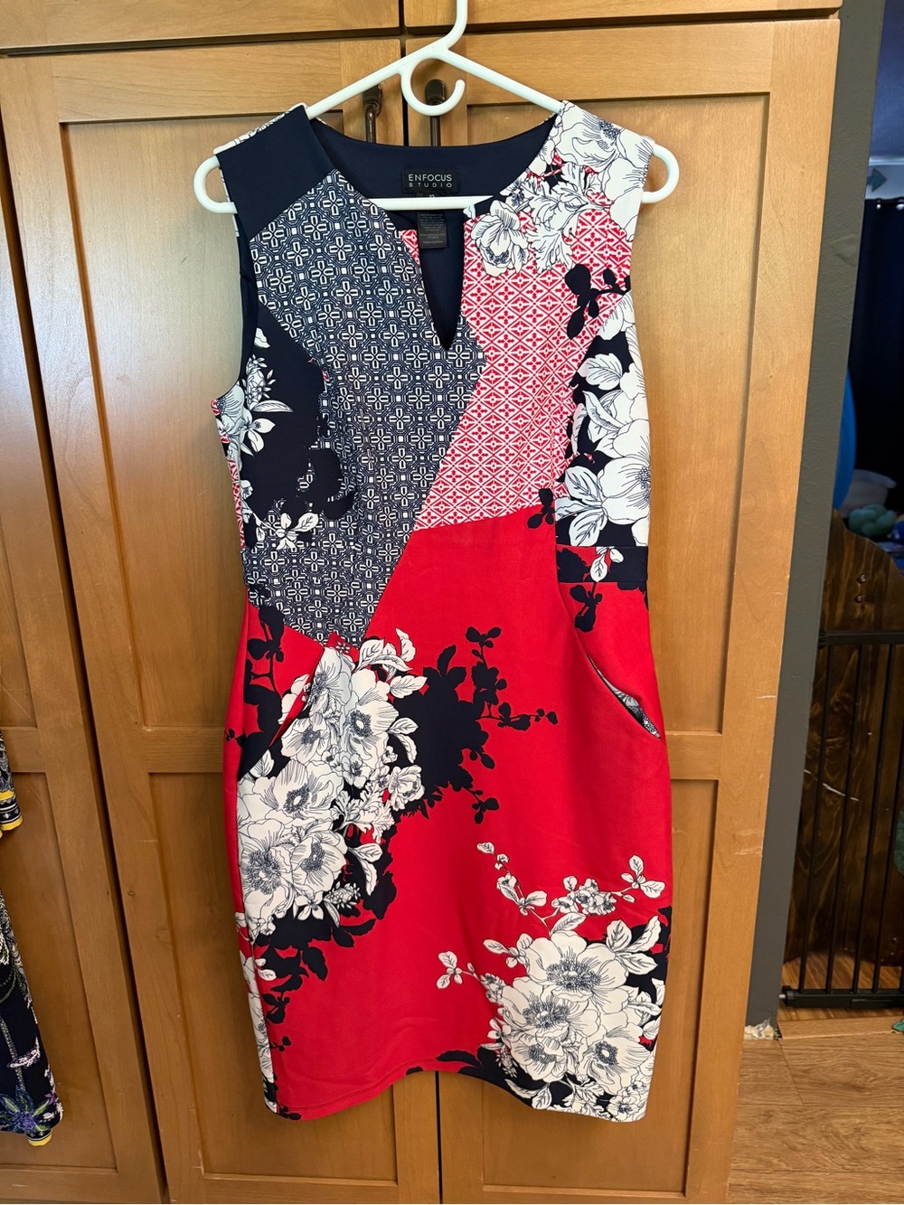 Enfocus Studio Red, Navy & White Floral Patchwork Midi Dress